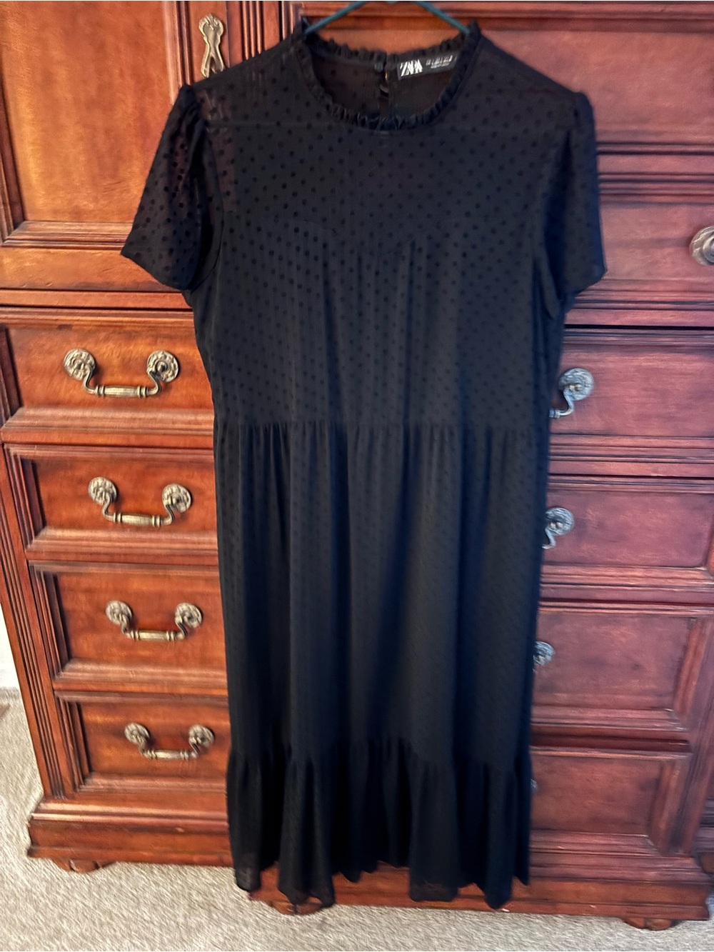 Zara Black Dot-Textured Midi Dress with Ruffle Hem